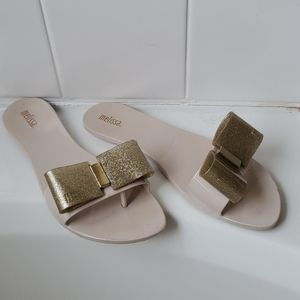 Melissa cream flats with Gold sparkle bow